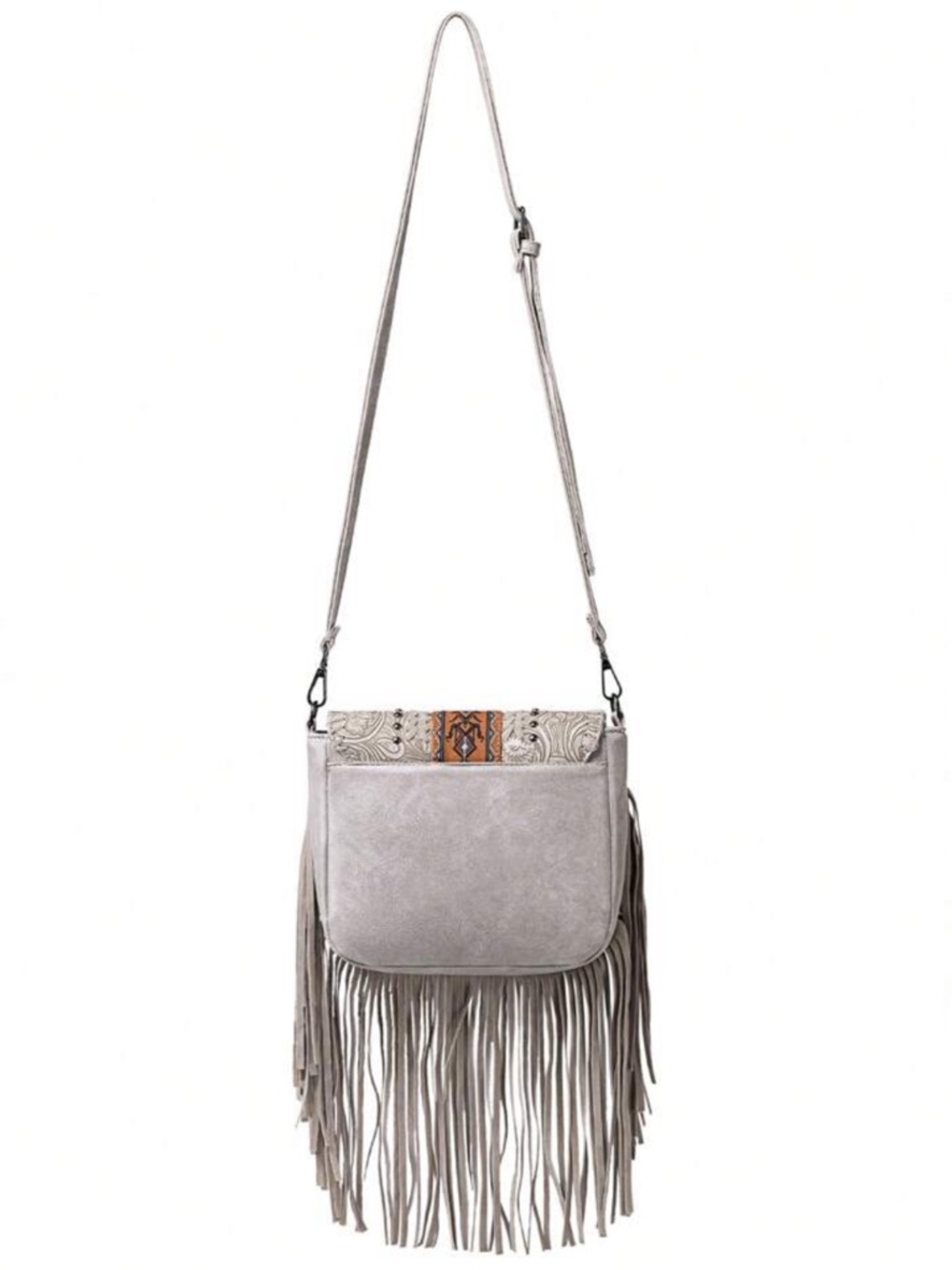 Light Gray Embossed Vegan Fringe Crossbody Bag with Aztec Stripe - Picture 4 of 11